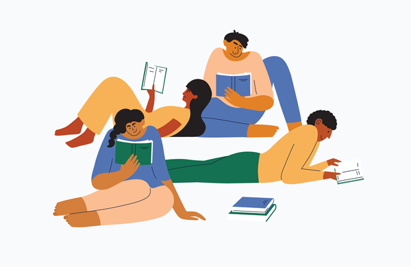 Illustration of people reading books together